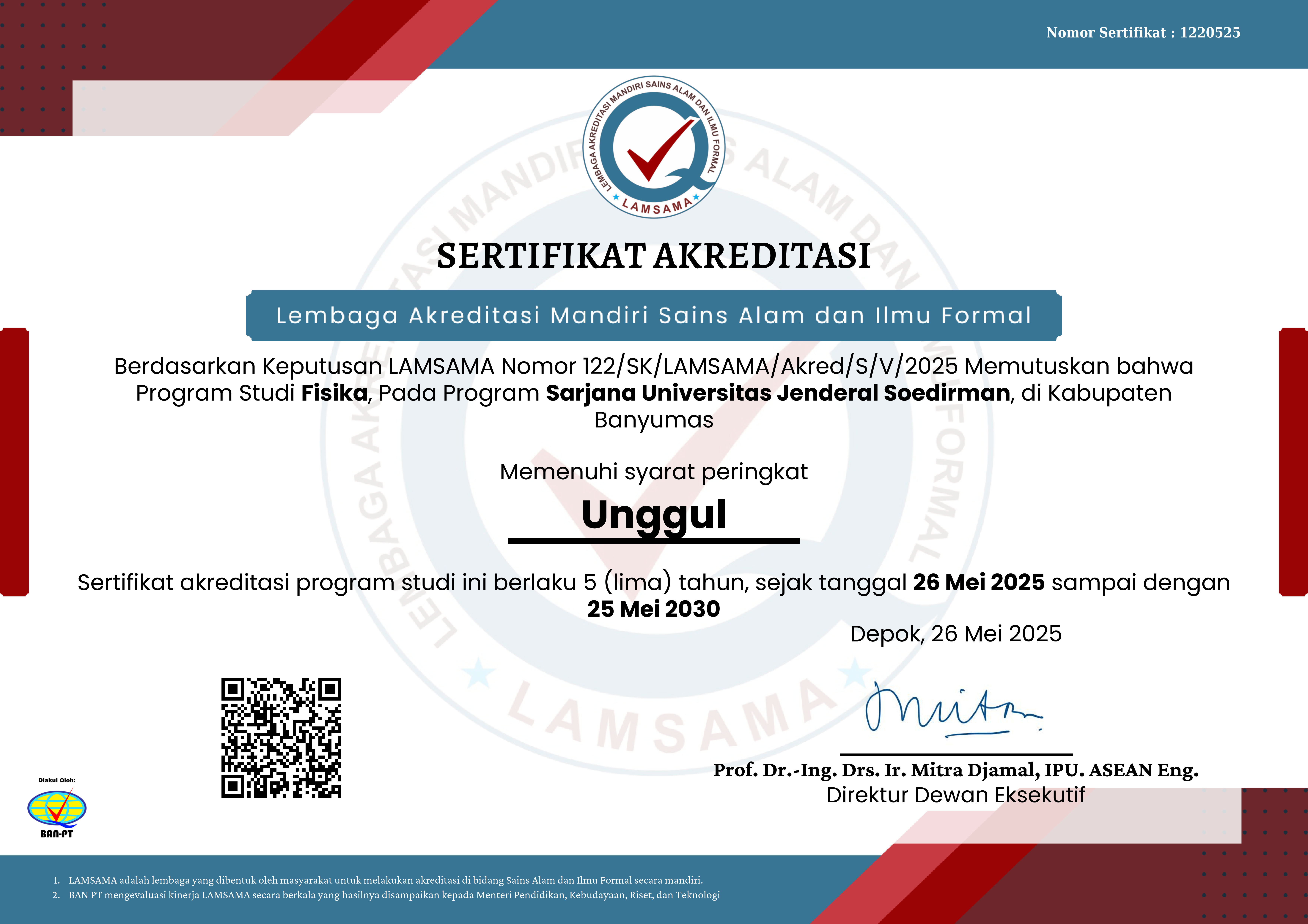 Program Studi S1 Fisika Meraih Akreditasi Unggul LAMSAMA